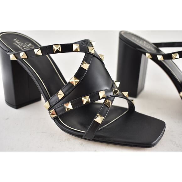 Valentino Rockstud Crisscross Leather Black Strappy Pump Block Heel Sandal 39.5 - Picture 5 of 14